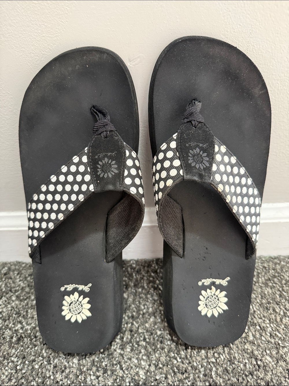 Yellow Box Black Flip-Flop Sandals with White Polka Dots